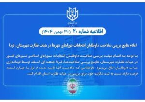 نتایج بررسی صلاحیت داوطلبان انتخابات شوراهای شهرها در هیات نظارت شهرستان فردا به داوطلبان اعلام می‌شود