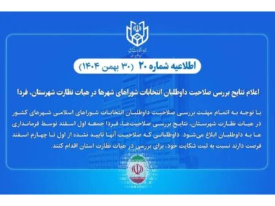 نتایج بررسی صلاحیت داوطلبان انتخابات شوراهای شهرها در هیات نظارت شهرستان فردا به داوطلبان اعلام می‌شود